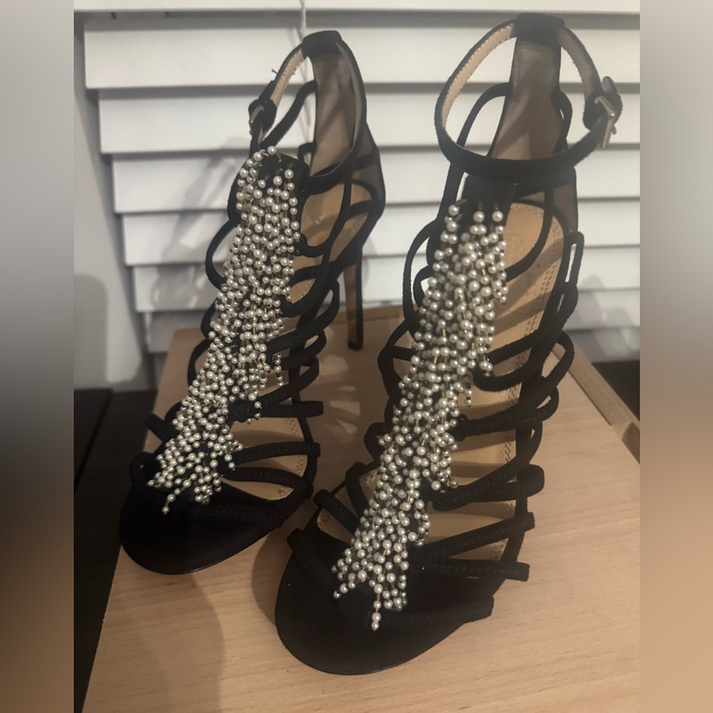 LIKE NEW Tory Burch Black Suede Leather Cage Heels with Pearl Bead Accents | 7
